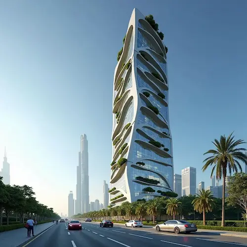 AI 生成的未来派摩天大楼，采用 Prompts.ai 图像生成功能构建的简约照明风格