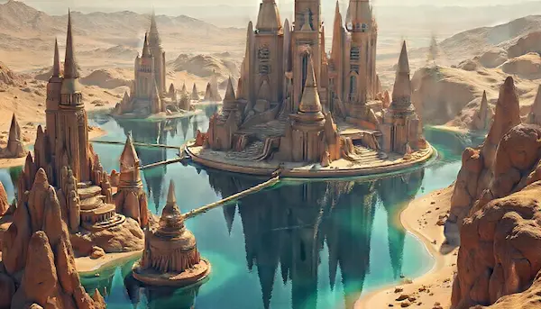 使用 Prompts.ai 设计的人工智能生成的浮岛建筑场景，用于创意叙事和世界构建