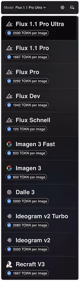 List of image generation models with their corresponding TOKN cost per image, including Flux 1.1 Pro Ultra at 2500 TOKN and Recraft V3 at 1667 TOKN.