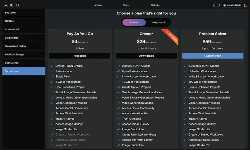 Prompts.ai pricing and plan comparison screen showing scalable AI subscription tiers for individuals teams and enterprises