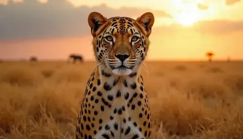 一只猎豹坐在高高的金色草地上，背景是日落的特写镜头。