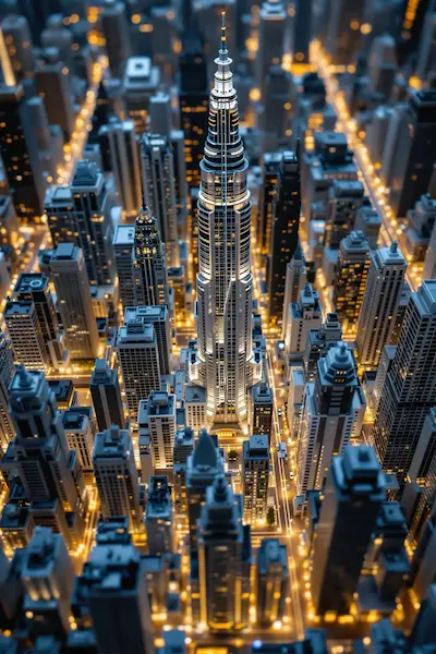 夜间照明的城市景观聚焦于周围建筑物中一座高大、灯火通明的摩天大楼。