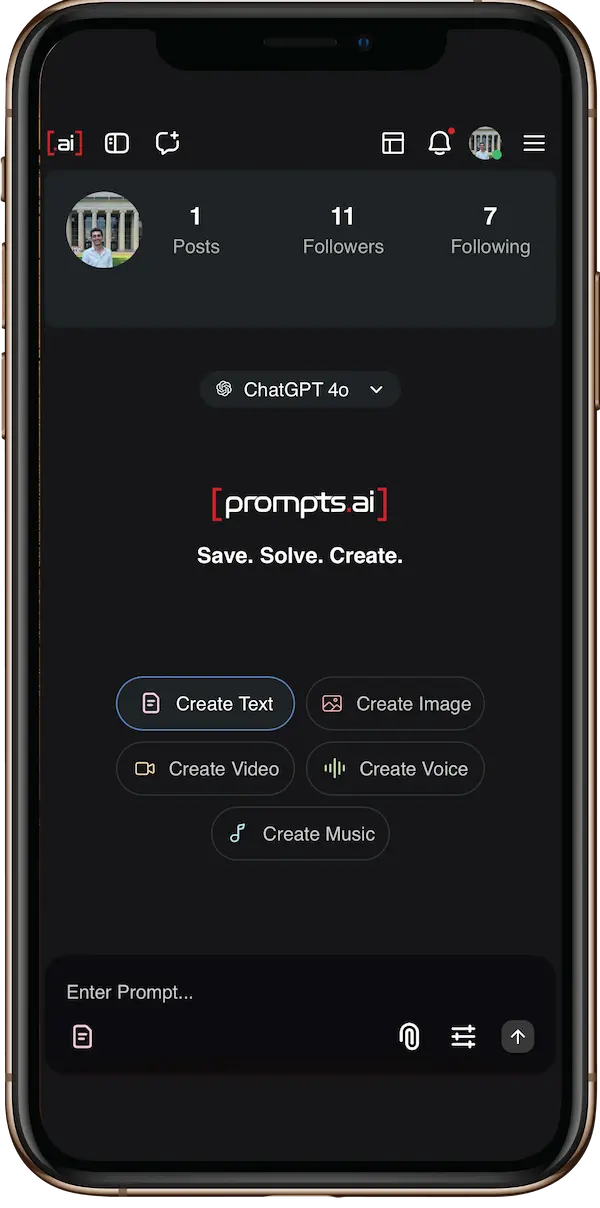Prompts.ai user profile with access to text image video and voice creation tools powered by multiple AI models