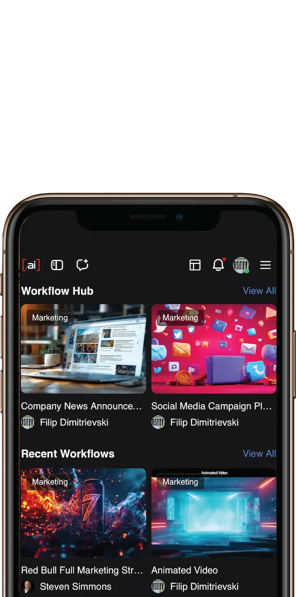 Mobile view of Prompts.ai Workflow Hub showing recent AI workflows for marketing automation and campaign planning